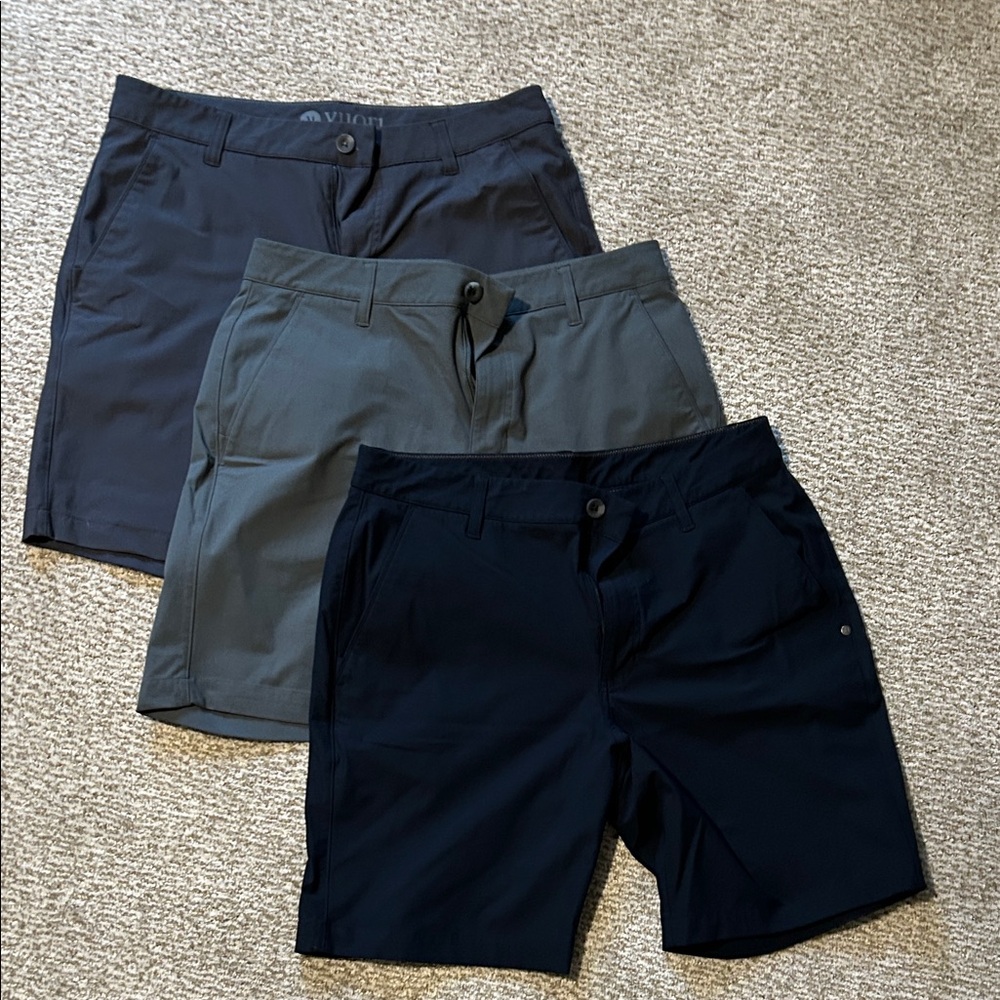 Lot of 3 Vuori Meta Men's Flat Front Shorts - Size 32 Gray, Blue/Gray, and Navy